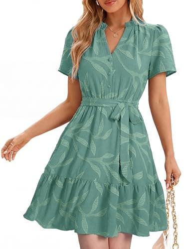 Simplee Womens Summer Dresses 2026 Casual Short Sleeve Empire Waist A Line Mini Dress V Neck Boho Sundress Pockets — image 1