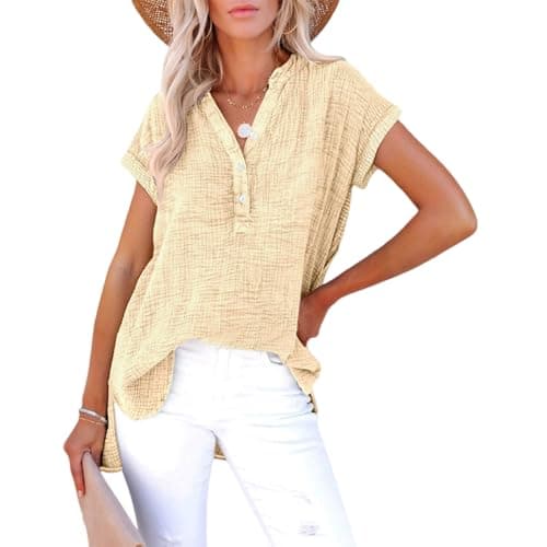 Gauze Tops for Women Casual Summer 2026 Boho Tops Button V Neck Short Sleeve Shirts Lightweight Cotton Blouses — image 1