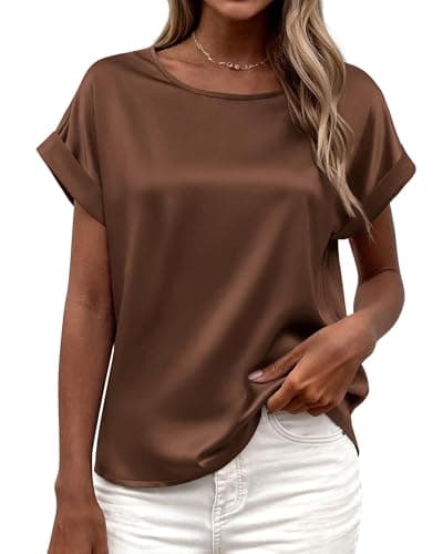 BTFBM Summer Tops for Women 2026 Dressy Satin Blouses Loose Crew Neck Short Sleeve Shirts Work Business Casual Outfits — image 1