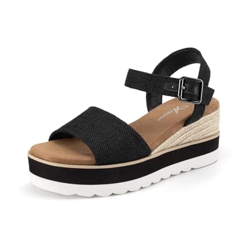 Athlefit Platform Wedge Sandals for Women Espadrille Comfortable Ankle Strap Buckle Open Toe Sandals Summer Dressy Black Size 5.5