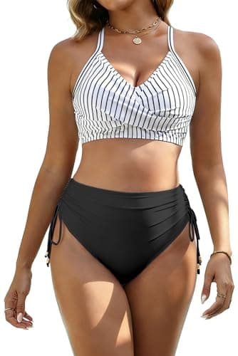 GKBK Womens High Waisted Bikini Sets Tummy Control Drawstring Swimwear Bathing Suit Crisscross Tie Back Swimsuits — image 1