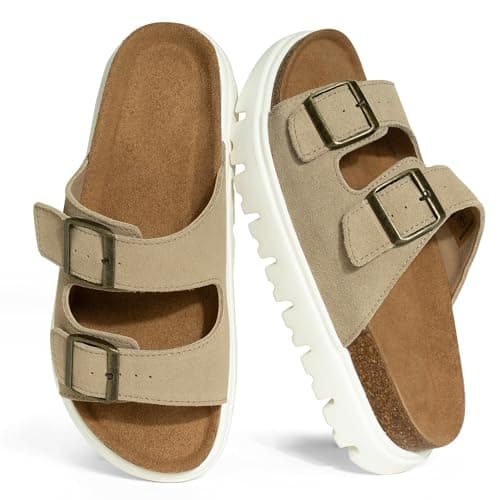 Hofeny Platform Sandals for Women – Genuine Leather Chunky Wedge Slides with Cork Footbed, Arch Support Comfortable Summer Sandals 2026 — image 1