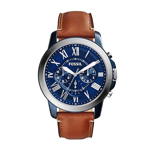 Fossil Men's Watch, Grant Quartz Stainless Steel and Leather Chronograph Watch for Men, Color: Silver/Blue, Luggage
