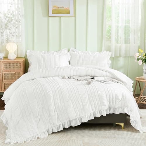WONGS BEDDING White Queen Comforter Set,Boho Ruffle Comforter for Queen Bed,Soft Seersucker Shabby Chic Bedding Set with 1 Comforter,2 Tufted Pillowcases 90"×90" — image 1