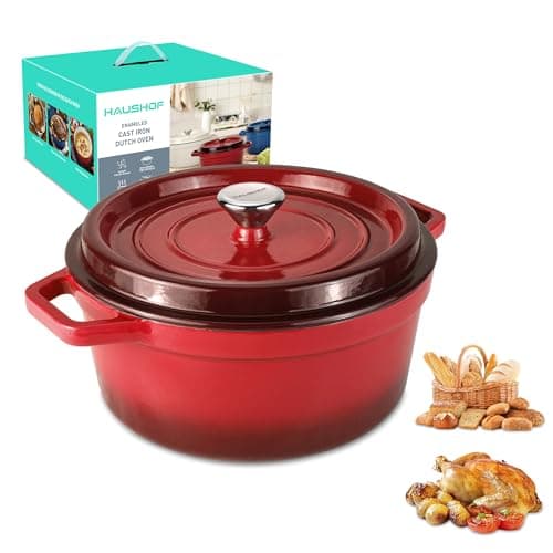 HAUSHOF 5.3QT Enameled Cast Iron Dutch Oven with Lid, Non-Stick Pot for Sourdough Bread Baking, Stewing, Rosting, Island Spice Red — image 1