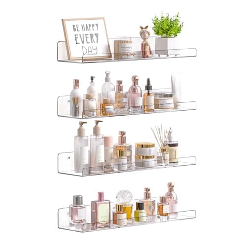 upsimples Acrylic Shelves for Bathroom Storage, 15" Floating Shelves Wall Organizer for Perfume, Make up, Skincare, Kids Bookshelf for Bedroom, Nursery, Living Room Decor, Clear, 4 Pack — image 1