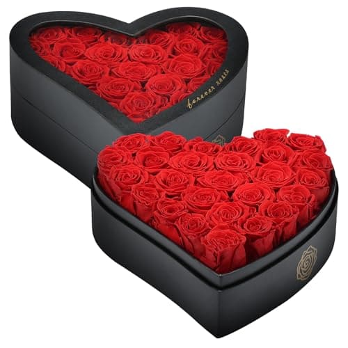 HERBMOTG 27 Forever Real Roses in Heart-Shaped Box with a Curved Design, Grade A Quality-Preserved Roses for Birthday, Mothers Day & Valentines Day (Red) — image 1
