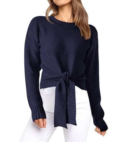 Okiwam Women's Long Sleeve Cropped Sweaters Casual Knit Pullover Tie Front Crew Neck Fall Outfits Spring Fashion Clothes 2026 — image 1