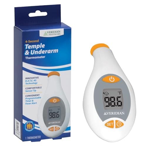Veridian Healthcare Temple & Underarm Thermometer | Infrared Measurements | Fast 4-Second Readout | Fever Alert | Backlit Display | Programmable Timer | 1-Year Warranty