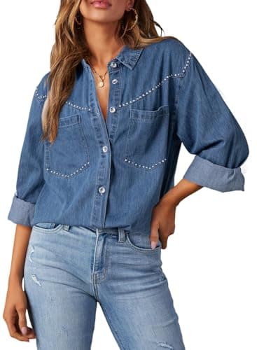 Dokotoo Women's Western Denim Shirt 100% Cotton Long Sleeve Button Down Jean Shacket Top — image 1