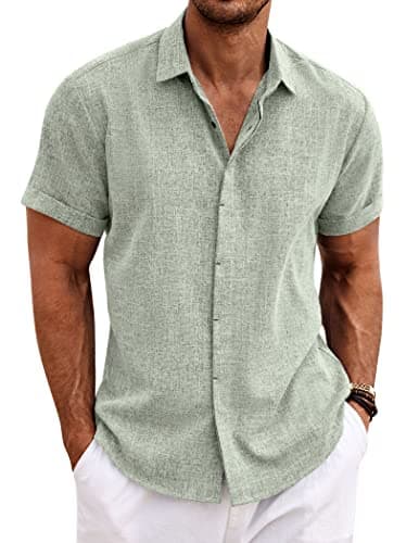 COOFANDY Men's Linen Shirts Short Sleeve Casual Shirts Button Down Shirt for Men Beach Summer Wedding Shirt — image 1
