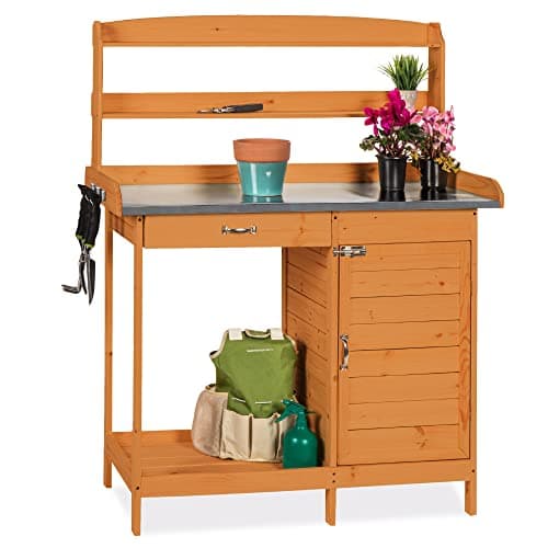 Best Choice Products Outdoor Garden Wooden Potting Bench Work Station w/Metal Table Top, Pre-Stained Finish, Cabinet, Sliding Drawer, Large Bottom Shelf - Brown — image 1