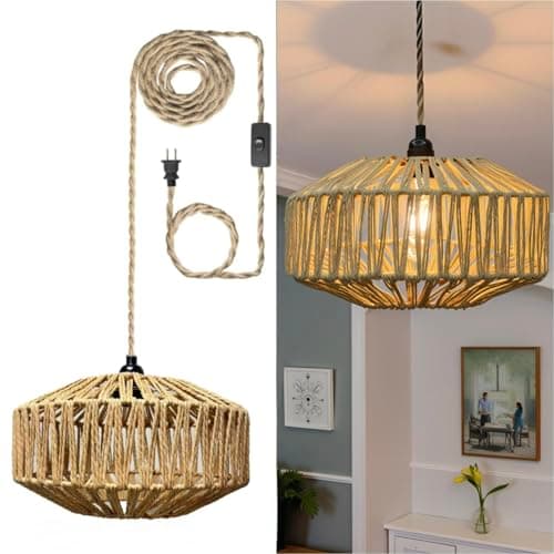 MUYIWEIDEN Plug in Hanging Lamp,Rattan Hanging Pendant Light with Plug in Cord, Boho Pendant Ceilling Light Fixture with Woven Lamp Shade for Living Room Bedroom Kitchen — image 1