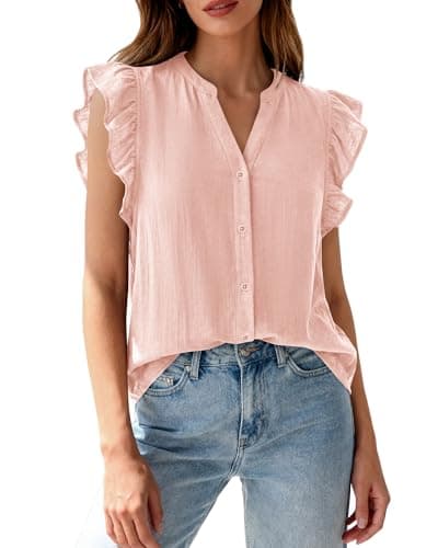 Zenlonr Womens Short Ruffle Sleeve Shirts V Neck Button Down Shirt Solid Color Going Out Spring Tops — image 1
