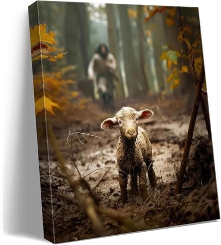 Religious wall decor for prayer room Christian wall art for Christmas decorations indoor Jesus and Lamb canvas wall prints Jesus Running After Lost Lamb Picture for home decor Baptism gifts for boys-girl serenity prayer wall art Christian gifts for Women,christians,pastor,teachers A-333 — image 1