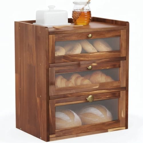 Bread Box for Kitchen Countertop, Bin 3 Layer Bread Storage Container, Wooden Breadbox Holder, Large Capacity Food Organizer, Vintage Multi-functional Container, Pantry Shelf with Acrylic Window — image 1