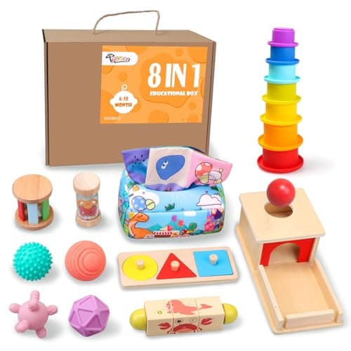 Montessori Toys for Babies 6-12 Months,1 Year Old,8 in 1 Baby Sensory Toy for 12-18 Months Toddler,Wooden Educational Development Toys with Soft Stacking Cup&Sensory Ball&Tissue Box