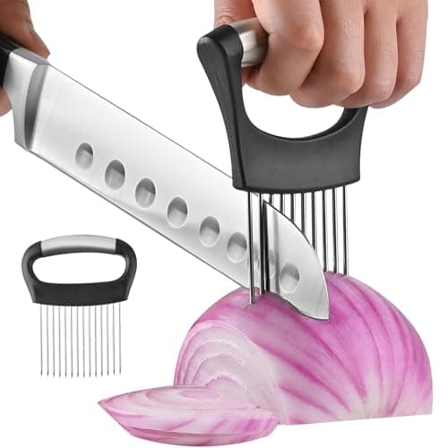【2 PCS】Onion Holder for Slicing - Stainless Steel Vegetable & Fruit Cutter Chopper for Onions, Tomatoes, Avocados, Potatoes, Eggs, Meat & Lemon - Kitchen Slicer Assistant with Neat Guide & Tenderizer. — image 1