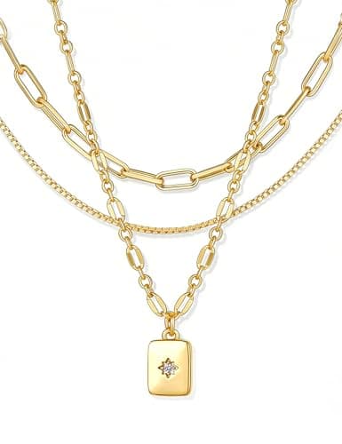 YEEZII 14K Gold Plated Layered Necklaces for Women Trendy, Dainty Choker Paperclip Box Chain Necklace, Stackable Women's Pendant Necklaces Set for Jewelry Gift