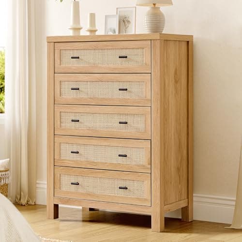 VIAGDO Rattan Dresser for Bedroom, Vertical Tall Rattan Dresser with 5 Storage Drawers, Boho Wood 5 Drawer Dresser with Thick Legs, Wooden Chest of Drawers for Bedroom, Entryway, Living Room, Natural — image 1