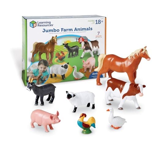 Learning Resources Jumbo Farm Animals - Horse Cow Sheep Chicken Goat Figurines, Barn Toys, Fine Motor Skills, Toddler Educational Playset, Montessori, Barnyard, Gifts For Boys and Girls