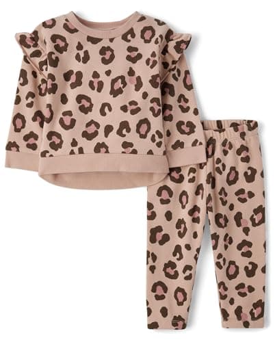 The Children's Place,Baby Girls,and Toddler Long Sleeve Active Shirt and Pant, 2 Piece Outfit,Blush Leopard,3 Years