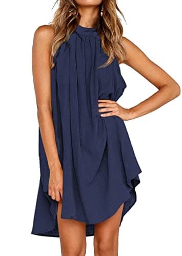 KIRUNDO Women's 2025 Summer Halter Neck Sleeveless Mini Dress Loose Tank Top Pleated Flowy Short Beach Sundresses — image 1