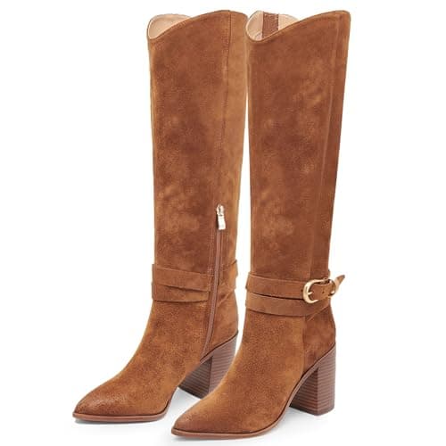 WIRALOMI Knee High Boots for Women Pointed Toe Chunky Heel Boots Metal Buckle Boots with Side Zipper — image 1