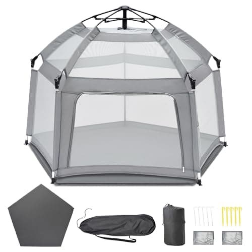 Portable Baby Playpen with Inflatable Mattress & Sunshade,Outdoor Baby Playpen for Babies and Toddlers,Foldable Pop Up Play Tent for Home, Park, Beach and Camping,Beach playpen-Light Gray