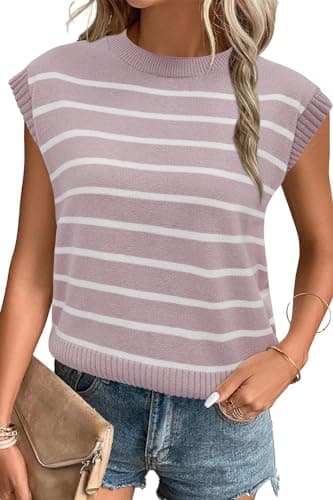 Arach&Cloz Womens Spring Summer 2024 Sweater Vest Cap Sleeve Crew Neck Striped Fashion Casual Sleeveless Tops Clothes — image 1