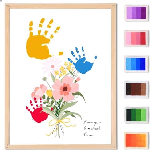 Flower Bouquet Handprint Art Craft DIY Kit, Unique Gifts for Mom & Grandma From Daughter or Son for Mother's Day Birthday, Anniversary Day, 6 Colors Non-toxic Inkpads(12" X 16", With Wood Frame)