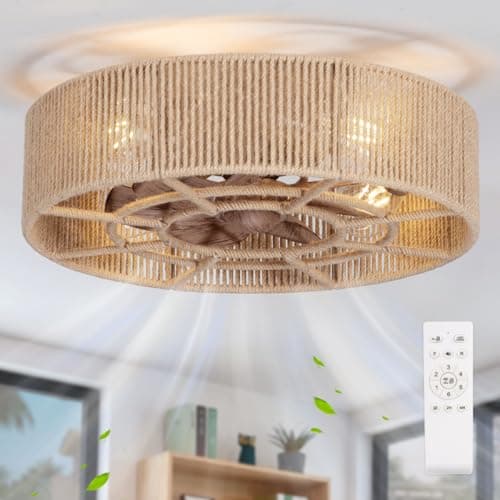 SHLUCE 18" Boho Caged Ceiling Fan with Light, Fandelier Flush Mount Ceiling Fan with Light, Small Low Profile Bladeless Ceiling Fans with Lights and Remote for Bedroom, Living Room, Rattan - ETL — image 1
