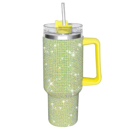 30oz Bling Rhinestone Studded Tumbler with Top Handle, Bling Cups Stainless Steel Water Bottle Diamond Glitter Tumbler for Women - Birthday Gifts for Women, Mom,Get Well Soon Gifts (Pomelo) — image 1