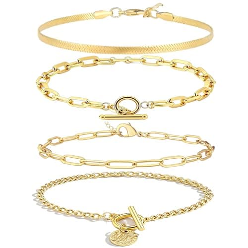 Alegend Bracelets Sets 14K Gold Plated Stackable Various Style Paperclip Chains to Toggle Clasp with Coin Charm Trendy