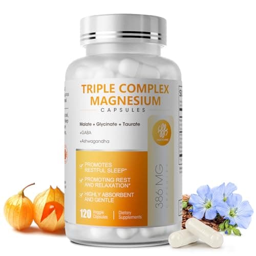 Triple Magnesium Complex - Magnesium Glycinate, Taurate & Malate Supplement with Omega3, Ashwagandha, GABA for Sleep, Brain Heart & Muscle Support - High Absorption and Gentle, Vegan, 120 Capsules