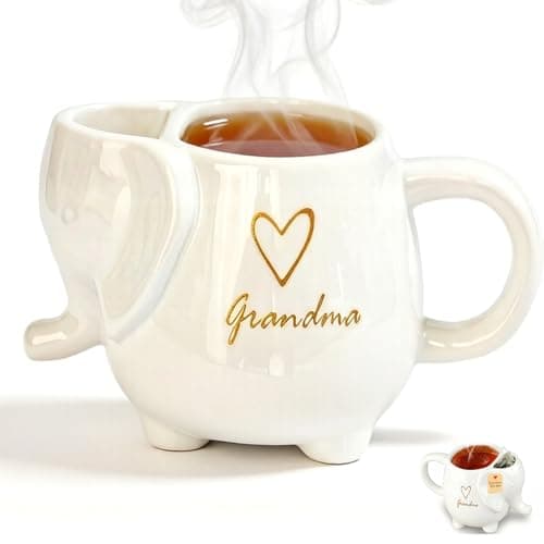 ZAGEVIVIN Elephant Ceramic Tea Mug with Tea Bag Holder, Grandma Design with Heart, White Stoneware Coffee Cup, 15 oz, Microwave and Dishwasher Safe (Grandma) — image 1