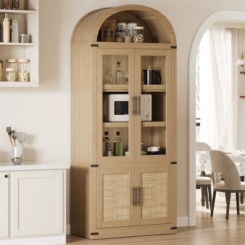 Garvee Farmhouse Arched Bookcase with Doors | 71.4" Tall Wooden Cabinet | Rounded Shelf Display Unit for Living Room, Kitchen & Office, Wood & Rattan