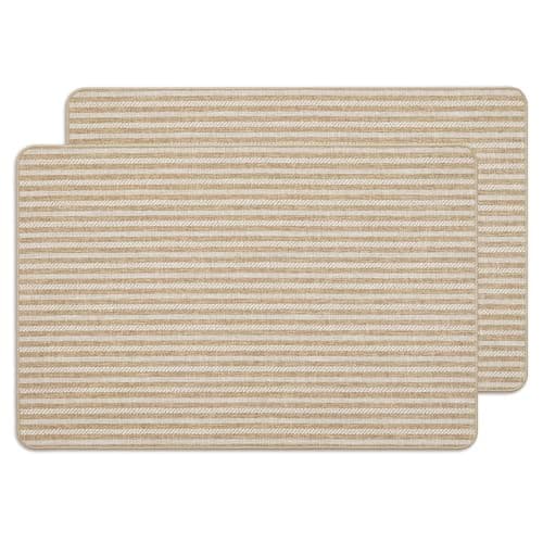 MatEssenz 2 Pack Inside Door Mats 2x3 ft, Low Profile Washable Entryway Rug Set, Scandinavian Striped Woven Faux Linen, Non-Slip Mudroom & Kitchen Mat, Apartment Essentials, Khaki — image 1