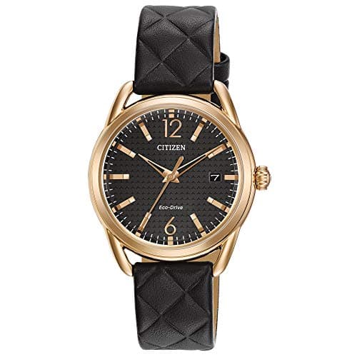 Citizen Women's Eco-Drive Dress Classic Rose Gold Stainless Steel with Black Quilted Leather Strap, 36mm (Model: FE6083-13E)