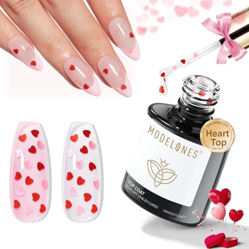 modelones Heart Glitter Gel Top Coat, 15 ML 2 in One No Wipe Clear Gel Nail Polish Red Pink Color Reflective Hearts Sequins Glossy Shine Long Lasting Soak Off Manicure Gift for Women — image 1