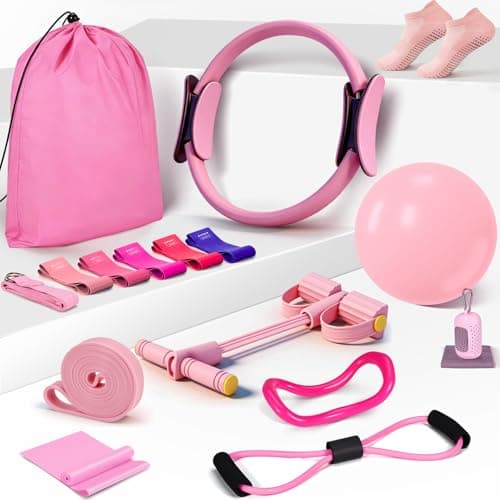 Pilates Essentials Kit for Women 15 Pcs Pilates Equipment for Home Workouts with Yoga Circle Ball Ring, 5 Resistance Bands,Pedal Puller Resistance Band,Anti Slip Socks for Starter Set,Pink