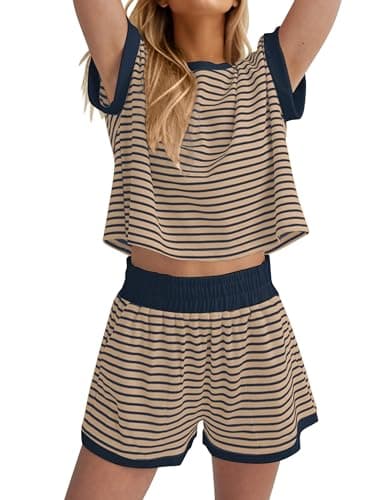Burtell Women Summer 2 Piece Lounge Sets Striped Short Sleeve Tee Shirts Mini Shorts Loungewear Shorts Set Ribbed Pajama Set — image 1