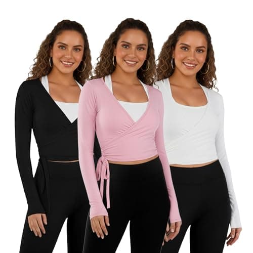 Women Ballet Pilates Wrap Tops Long Sleeve Tie Front Crop Shirts Y2K Dance Workout Yoga Going Out Tops — image 1