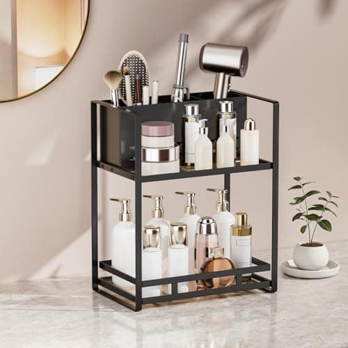 SanDream Hair Tool Organizer Bathroom Countertop, 2-Tier Metal Bathroom Organizer with Blow Dryer Holder, Large Capacity Space-Saving Vanity Shelf for Perfume, Skincare & Makeup Storage (Black) — image 1