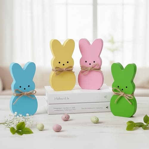 Easter Spring Decorations for Home – 4 Pcs Wooden Bunny Table Decor, Wood Rabbit Tabletop Signs with Jute Bows for Tiered Tray Mantel Shelf Office Easter Party Supplies