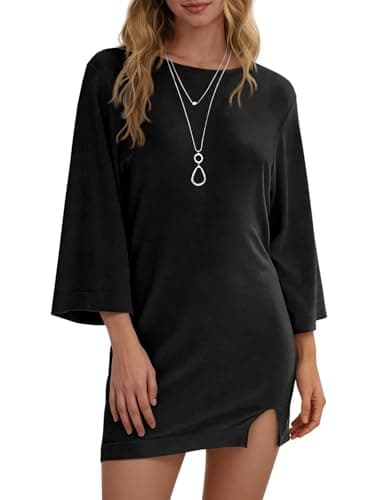 Wenrine Womens Summer T Shirt Dress Casual 3/4 Sleeve Crewneck Slit Loose Shift Mini Dresses — image 1