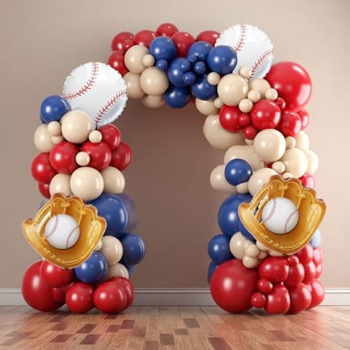 Baseball Balloon Garland Arch Kit, Navy Blue Red Nude Balloon Arch with Baseball Glove Foil Balloons for Sports Theme Birthday Party Decorations — image 1