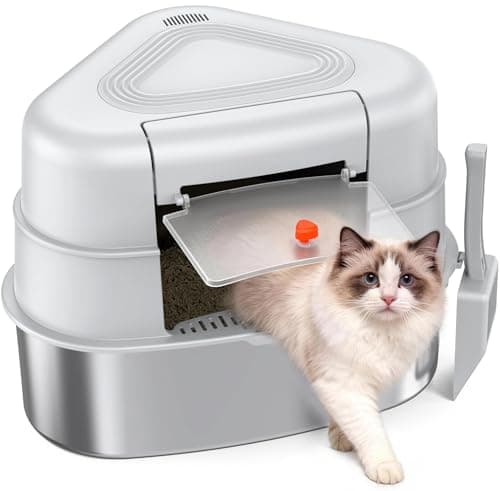 Chumajor XXL Stainless Steel Corner Cat Litter Box with Lid - Sturdy, No Odor & Space-Saving Hidden Design for Large Cats, Grey