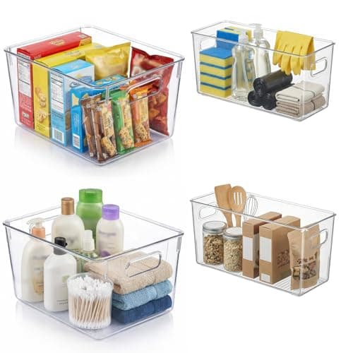 MOONEDGE Set of 4 Clear Plastic Organizer Bins, 2 Large & 2 Small Storage Bins for Pantry, Nestable Space-Saving Containers for Cabinets, Under-Sink, Bathroom, Kitchen & Freezer Organization