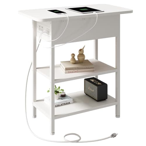 LIDYUK End Table with Charging Station, Flip Top Side Table with USB Ports and Outlets, Nightstand for Small Spaces, Bedside Tables with Storage Shelf for Living Room, Bedroom, White